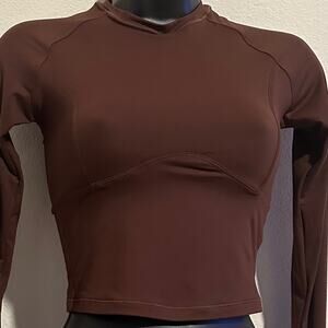 QINSEN Women Chocolate Brown Double Lined Long Sleeve Crop Top XS NWT